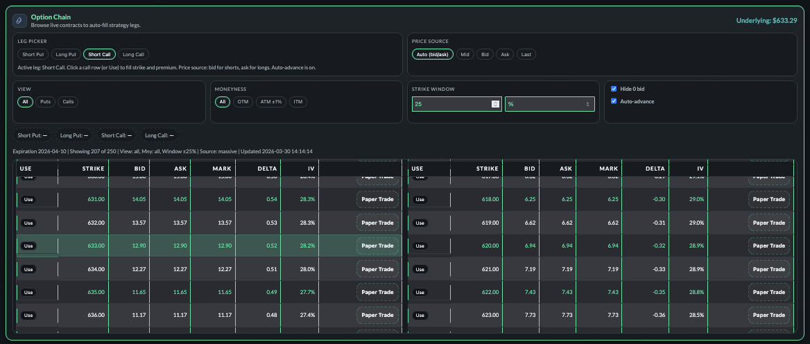 Screenshot of the options chain filters and explorer