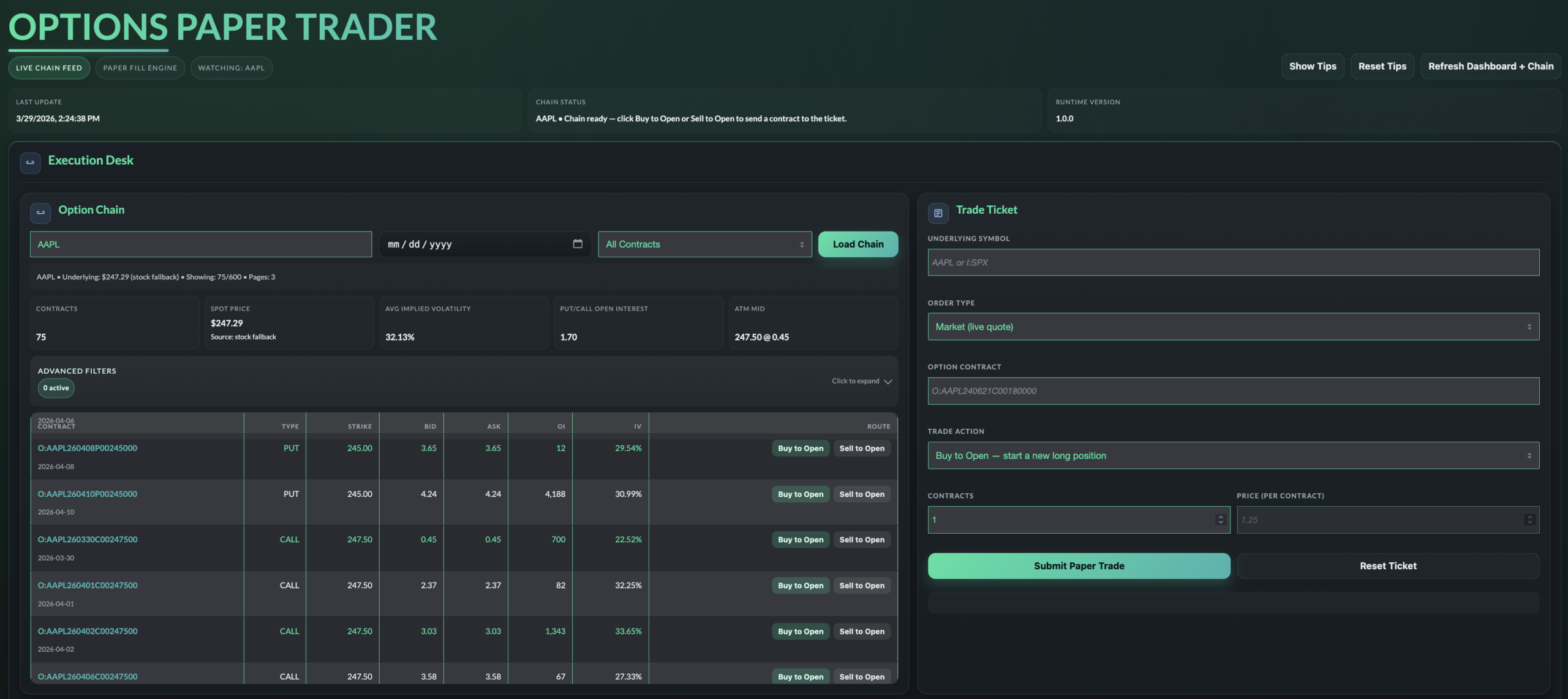 Main view of Paper Trader tool. Options Chain and Trade Ticket