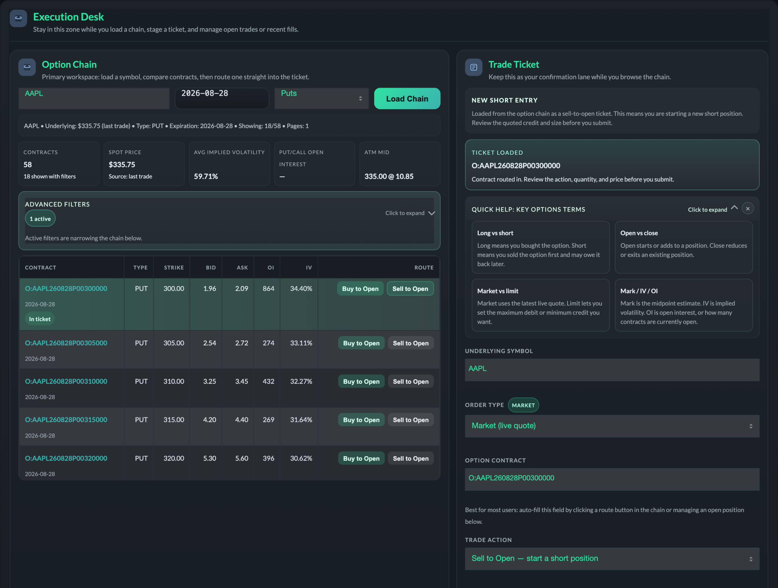 Paper Trader option chain with a sell-to-open put staged in the trade ticket for a wheel entry